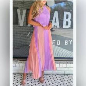 Skies Are Blue Lavender and Peach Colorblock Pleated Maxi Skirt